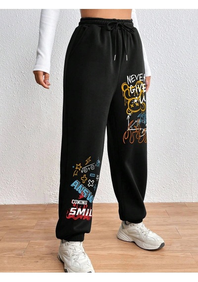 Cartoon & Graphic Drawstring Waist 4 Mevsim Eşofman Siyah