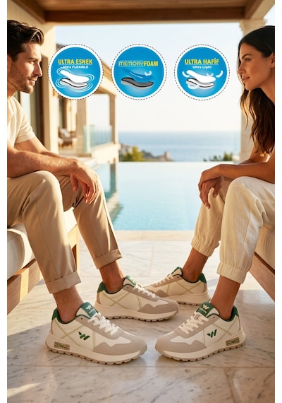 Walkway Beyaz Hafızalı Taban Hafif Esnek Unisex Spor Ayakkabı Muveon G Beyaz - Yeşil