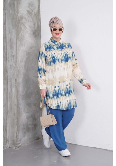 Polologin Butik Mavi Bej Blok Desenli Tunik Pantolon Takım Mavi & Bej & Lacivert
