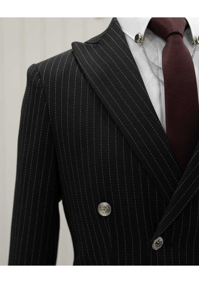 Beystil Sivri Yaka Siyah Çizgili Kruvaze Takım Elbise Lecce- Slim Fit Siyah