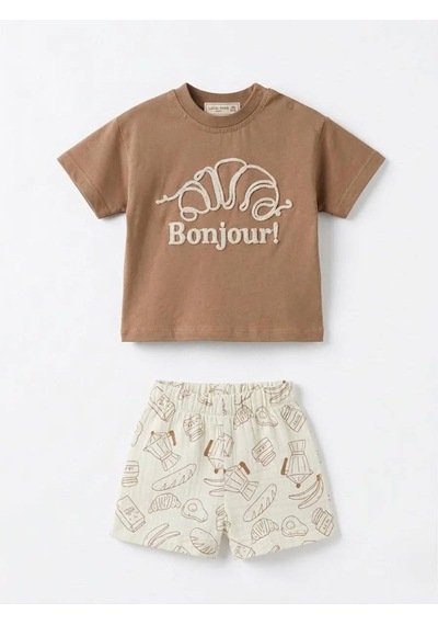 Baby Lory Kids Store Bonjour İşlemeli Bebek Takım Kahverengi - Krem