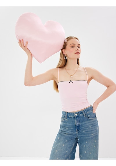 Koton Renk Kontrastlı Fiyonk Detaylı Slim İnce Askılı Crop Üst Pembe 5sak10339ek Gül