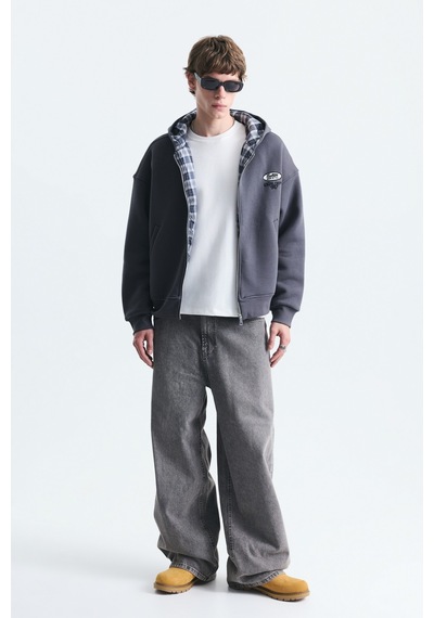 Vamos Boxy Fit Fermuarlı Kapüşonlu Sweatshirt V70-245 Füme