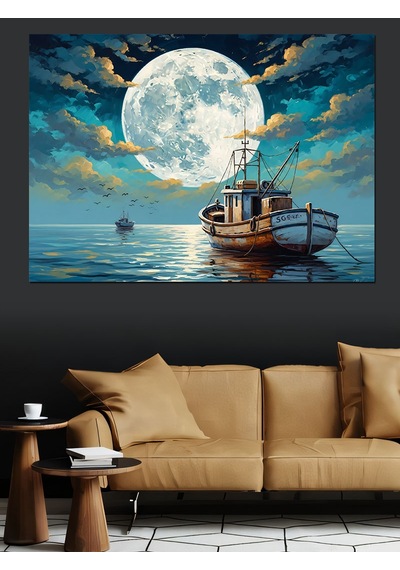 Ahşap Tablo Gece Denizde Ay Ve Tekne İnsan Figürlü Tablolar