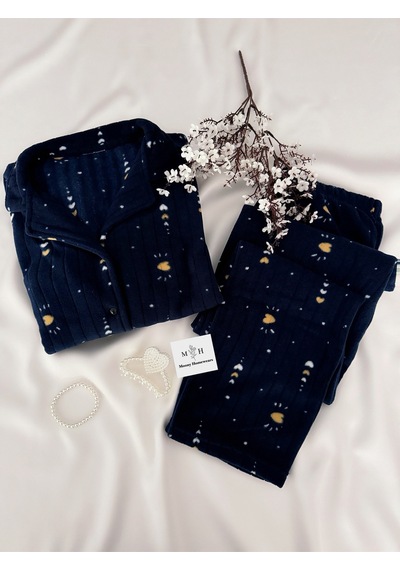 Mh Moony Homewears Lacivert 2'li Kışlık Desenli Termal Pijama Takımı Lacivert