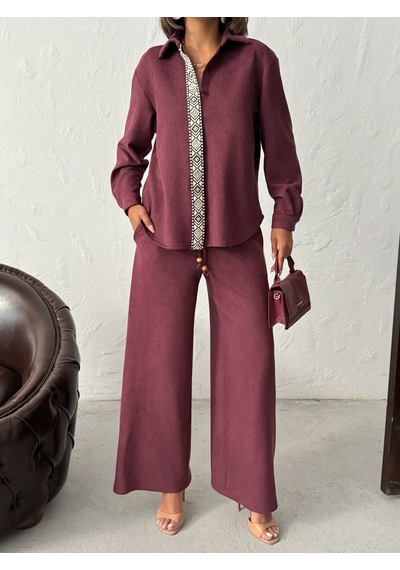 Verymoda Şerit Detaylı Scuba Süet Pantolon F1972 Bordo