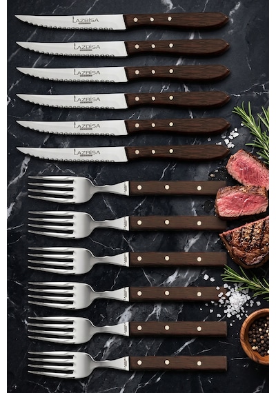 Lazbisa Mtf-062 Hand Craft Serisi Steak Et Yemek Kahvaltı Bıçağı Çatalı 12 Li Set Mutfak Bıçak Seti Ahşap