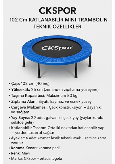 102cm Katlanabilir Trambolin Taşınabilir Egzersiz Mavi Trambolini
