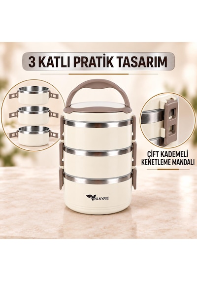 Valkyrie 3 Katlı 304 Paslanmaz Çelik Yemek Termosu Isı Yalıtımlı Sızdırmaz Sefer Tası Termal Çantalı Krem