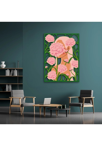 Pembe Karanfilli Kadın Portresi - Metal Tablo - Dec0355 91 X 125 Cm Çok Renkli