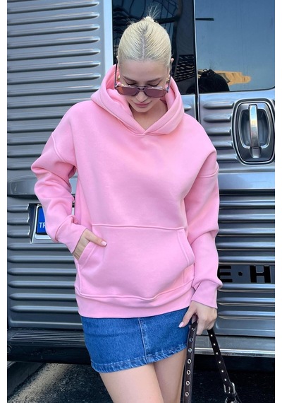 Pembe Kapüşonlu Şardonlu Oversize Cepli Sweatshirt Mg2206
