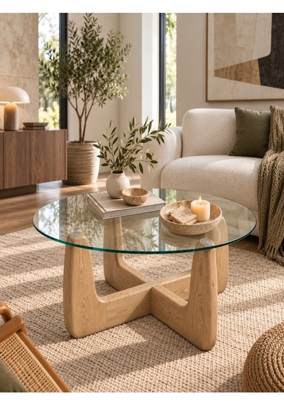 Naturel Ayaklı Yuvarlak Cam Orta Sehpa Naturel - Ahşap