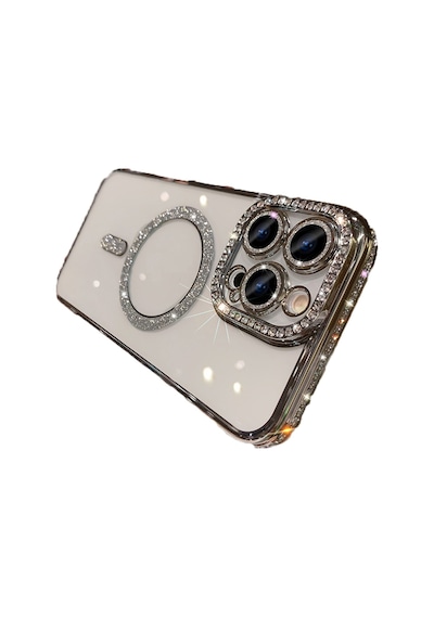 Apple Uyumlu iPhone  15 Pro Kılıf Simli Magsafe Kamera Kenar Taşlı Kapak