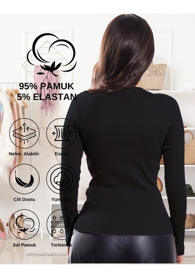 Alya Underwear Pamuklu Kaşkorse V Yaka Body Sweatshirt, Fitilli Kumaş Likralı Bluz, Asker Yeşili Badi SIYAH