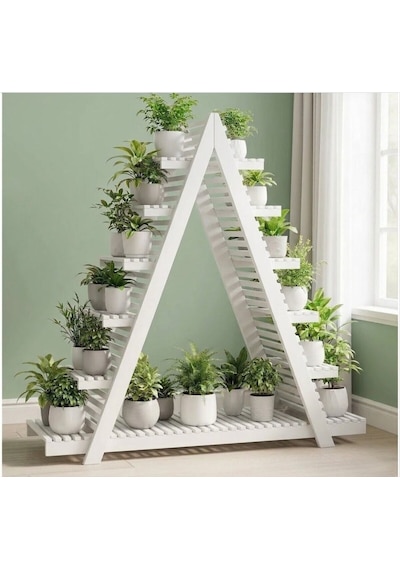 Ahşap A Formlu Dekoratif Çiçeklik Standı - 150x150 Cm Geniş Saksı Rafı Beyaz