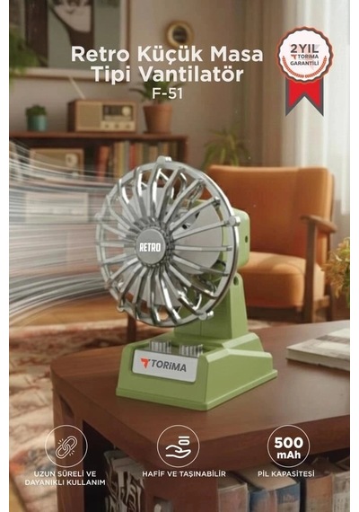 Özel Seri Torima Şarjlı Masaüstü Vantilatör Retro F51 Yeşil Küçük Ofis Fan