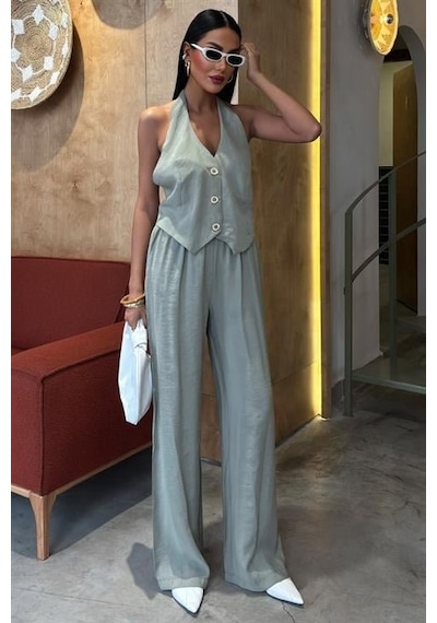 Moderie Butik Halter Yaka Yelekli Modal Takım 10144 Oli Ve