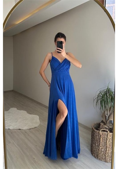 Neşeli Butik Kadın Işıltılı Askılı Yırtmaç Detayı Şifon Abiye Elbise Nm002 Mavi