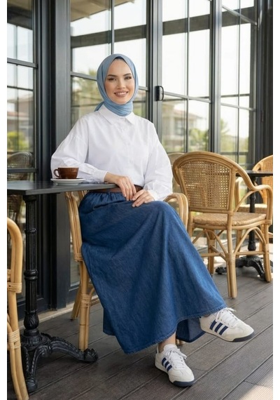 Hb Harma Time Butik Kadın Kemerli Cepli Koyu Kot Mavi Etek Koyu Mavi