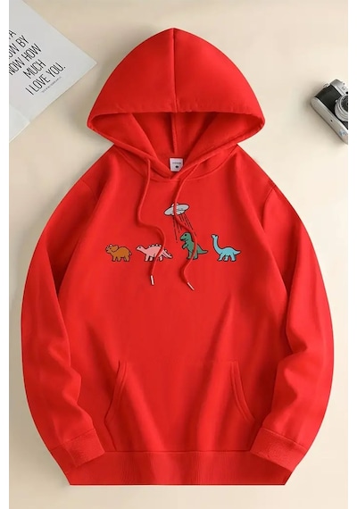 Uyguntarz Uzaylı Dinazor Baskılı Oversize Sweatshirt Kırmızı