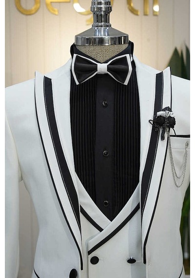 Bys Beystil Erkek Beyaz Slimfit Yelekli Damatlık & Smokin 8601