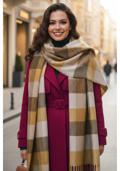 Tezzgelsin Kadın Premium Soft Ekose Buklet Atkı Ekose Şal Atkı Camel - Haki - Bej