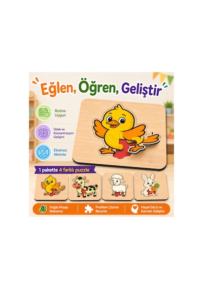 Montessori Ahşap Puzzle Seti Duyusal Gelişim - 4 Farklı Puzzle & 28 Parça - Görsel Tamamlama & Zeka Geliştirici - Ahşap Mdf - 3 Yaş Ve Üzeri - Kutulu Eğitici Oyun - Kare Bulmaca