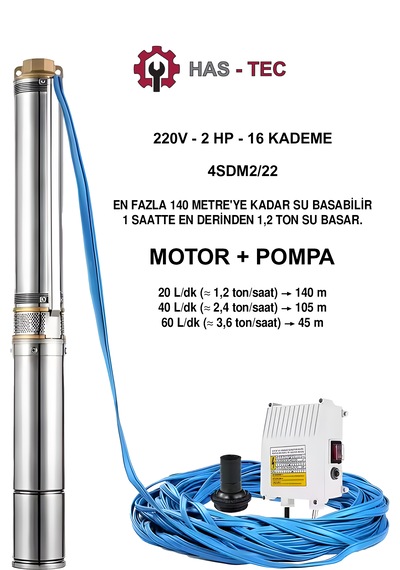 4sdm2/22 Derin Kuyu Dalgıç Pompa Seti 2 Hp - Monofaze Motor + Pompa + Kontrol Panosu Komple Set