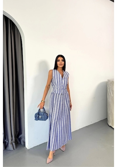Defymoda Keten Çizgili Yelek - Uzun Etek Takım - Mavi Mavi