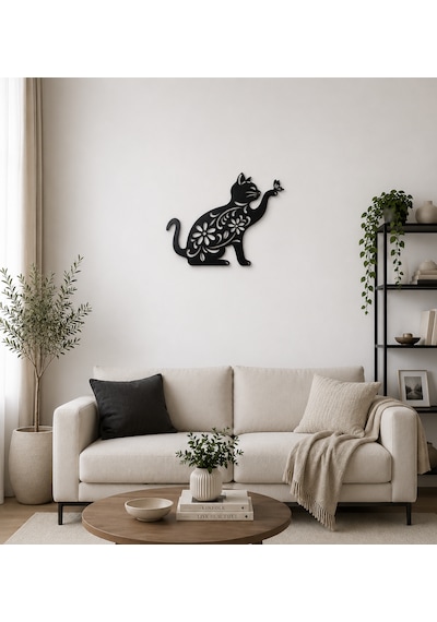 Kelebekli Çiçek Desenli Kedi Mdf Duvar Dekoru Siyah Ahşap Duvar Süsü 6mm 28x30 Cm