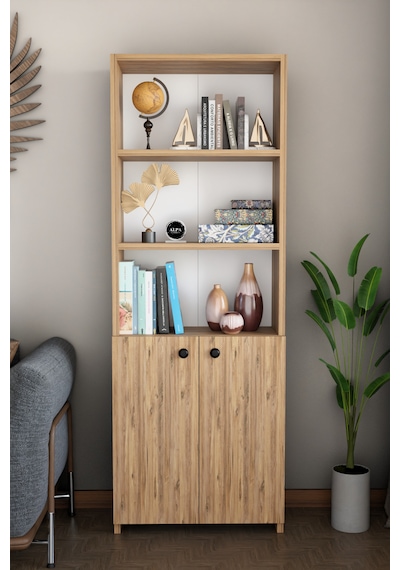 Kapaklı Çok Amaçlı Salon Dolabı 150x50x22 Cm Raflı Kitaplık Dekoratif Depolama Ünitesi Atlantik Çam