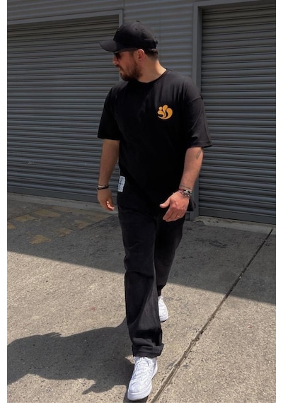 Erkek Bisiklet Yaka Baskılı Oversıze Siyah T-shirt Siyah
