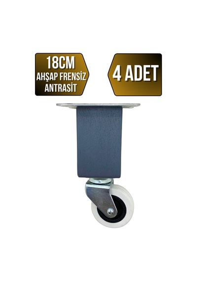 Kale Ahşap Tekerli Ayak Mobilya Masa Dolap Tekerli Ayağı 18cm Frensiz Antrasit 4 Adet