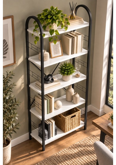 Sulorahome Beyaz Metal İskeletli 5 Raflı Kitaplık Ve Dekoratif Raf Ünitesi Antrasit