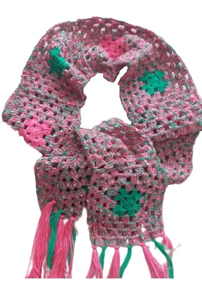 El&Ma El Örgüsü Etnik & Otantik Motifli Pembe-yeşil Atkı & Boyunluk Çok Renkli