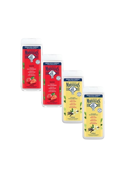 Le Petit Marseillais Vanilya Sütü + Akdeniz Çileği Banyo ve Duş Jeli Nemlendirici Tazeleyici Vücut Şampuanı Avantajlı Paket 4 x 650 ML + Lif