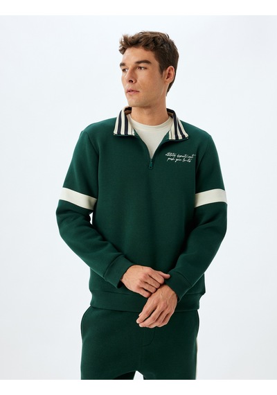 Koton Yarım Fermuarlı Yaka Sweatshirt Slogan İşlemeli Şardonlu Pamuk Karışımlı Yeşil 5wam70171mk Yeşil