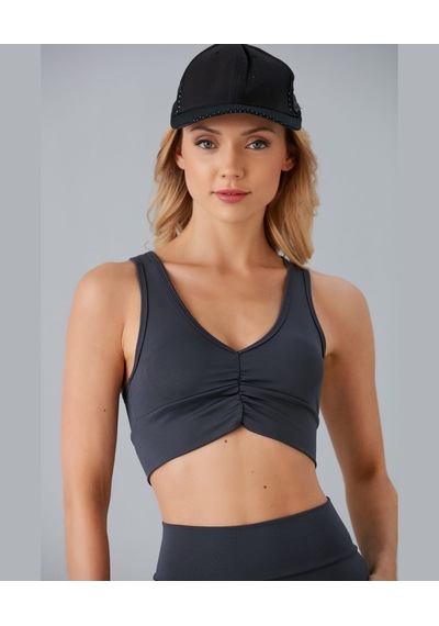 Aurafit Kadın Önü Büzgülü Arkası Çapraz Kaplı Croptop/büstiyer Antrasit