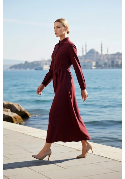 Benerly Kadın Elbise Gömlek A Kesim Yaka Uzun Kol Dokuma Kumaş Beli Lasti Bordo