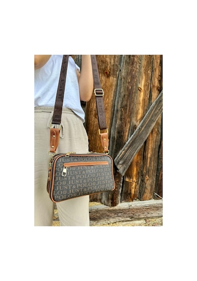 Just Polo Orijinal Kadın Emprime Suni Deri Orta Boy Lüks Tasarım Omuz Çantası Shopper 232053pc Kahverengi - Taba