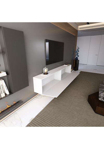 Modern Mobilya Paris Tv Ünitesi Tv Sehpası Duvara Monte 4 Kapaklı Beyaz 240 Cm Beyaz