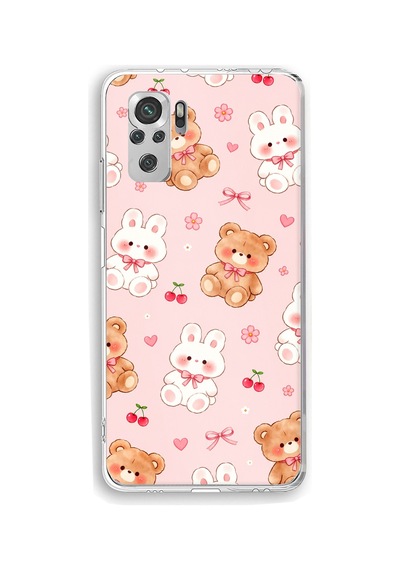 Redmi Note 10 / 10s Uyumlu Pembe Ayıcıklı Ve Tavşanlı Kawaii Kiraz Baskılı Silikon Kılıf