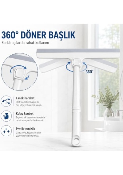 Viscomop 360 Döner Başlıklı Cam Çek - Silikon Uçlu Duşakabin Çekçek - Banyo Ayna Pencere Fayans Ve Araç Cam Diğer