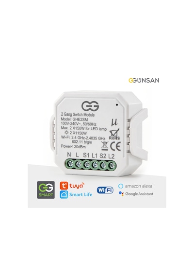 Günsan Akıllı Wifi Nötrlü Komütatör Röle 2 Kanal İkili Anahtar Modülü Tuya & Smart Life Uyumlu
