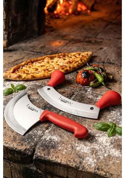 Lazbisa Mft-460 Silver Serisi Pizza Salata Hilal Börek Pide Bıçağı Kıyma Bıçağı 2 Li Set Günlük Kullanım Kırmızı