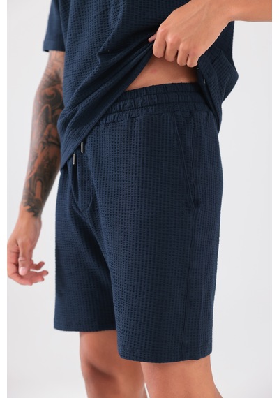 Rowinger Waffle Dokulu Oversize T-shirt Ve Şort Erkek Takım Navyblue