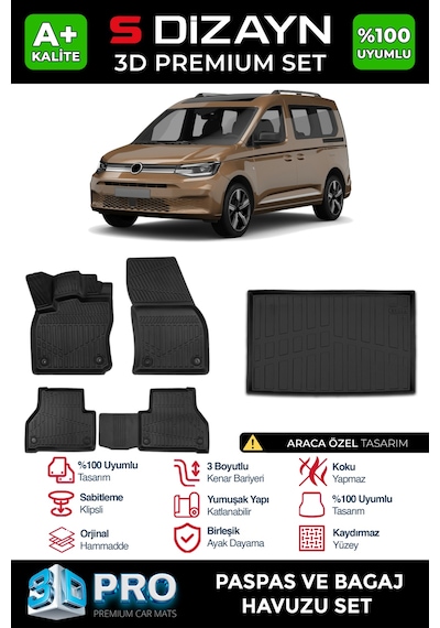 S-dizayn Vw Caddy 3d Pro Havuzlu Paspas Ve Bagaj Havuzu Seti 2'li Set 2020 Üzeri A+ Kalite