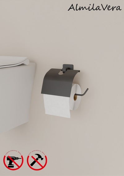 Siyah Yapışkanlı Kare Kapaklı Tuvalet Kağıtlık Wc Kağıtlık Siyah