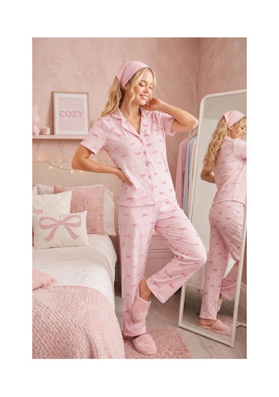 Fit Women Pembe Kurdele Desenli Bürümçük Kumaş Kısa Kollu Pijama Takımı 6064