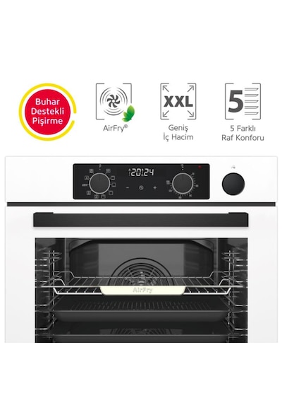 Simfer 0+10 Fonksiyon Steam Master 8245 Fırın + 3509 Ocak + 8707 Davlumbaz Beyaz 3'lü Ankastre Set
